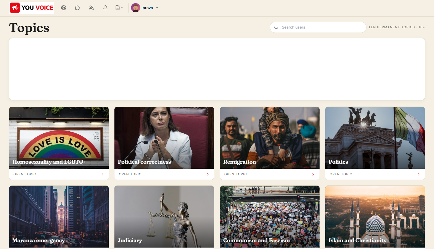 Schermata completa di You Voice per desktop con tutti i topic