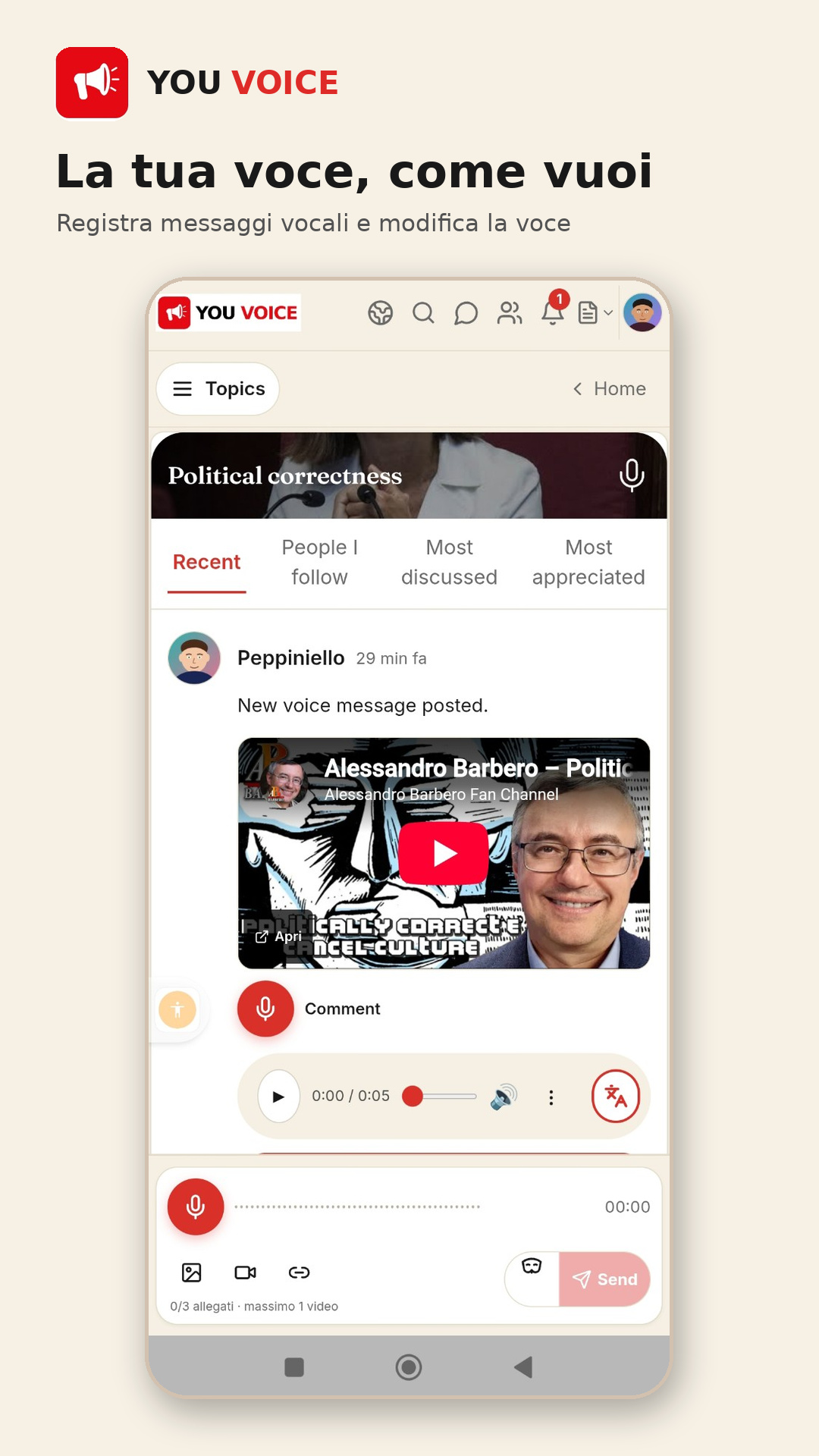Schermata You Voice con messaggio vocale e contenuti multimediali